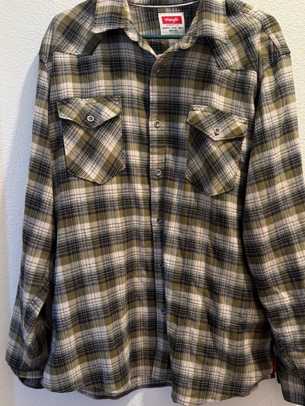 Wrangler Men's Olive & Black Plaid Flannel Shirt Jacket XL EUC